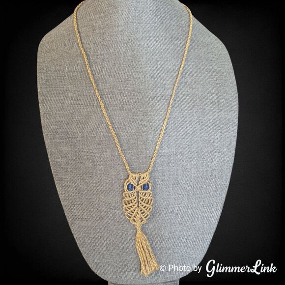 Macrame Crochet Owl Beaded Eyes Tassel Cord Necklace - Picture 3 of 11